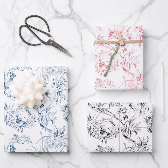 Hoja De Papel De Regalo Toalla de Fantasía Floral Francesa con grabado vin (Anverso)