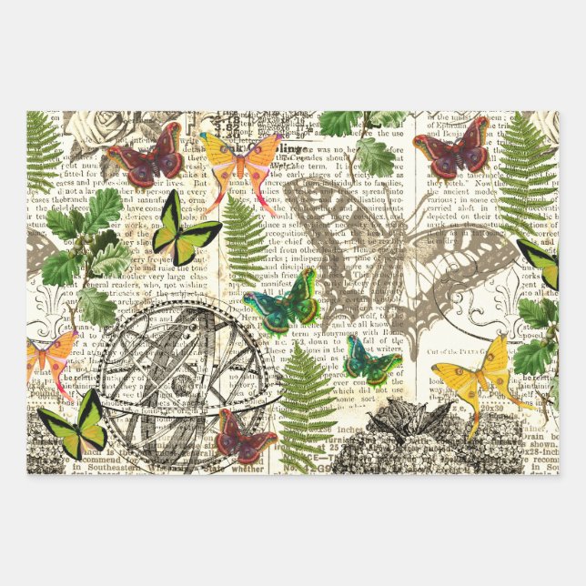 Hoja De Papel De Regalo Todas las ocasiones aspecto antiguo mariposas y he (Anverso)