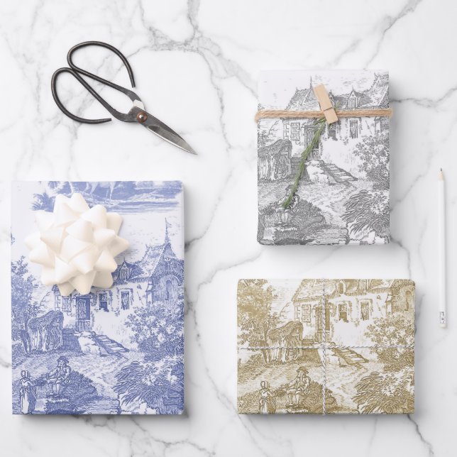 Hoja De Papel De Regalo Toile Chateau Francés clásico beige (Anverso)