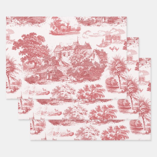 Hoja De Papel De Regalo Toile Chateau Francés clásico rojo (Set)