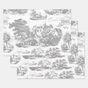 Hoja De Papel De Regalo Toile Chateau Francés Gris Blanco Clásico