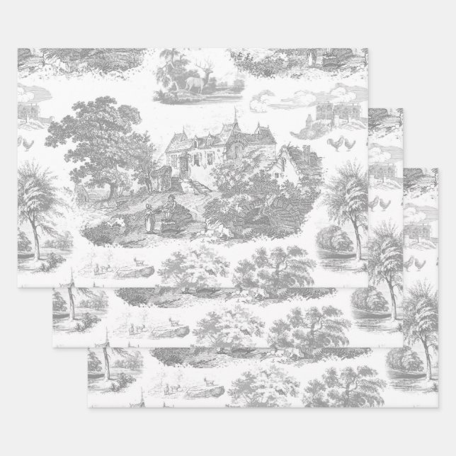 Hoja De Papel De Regalo Toile Chateau Francés Gris Blanco Clásico (Set)