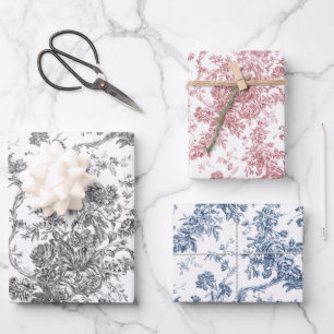 Hoja De Papel De Regalo Toile floral grabado en francés: gris, rosa, azul