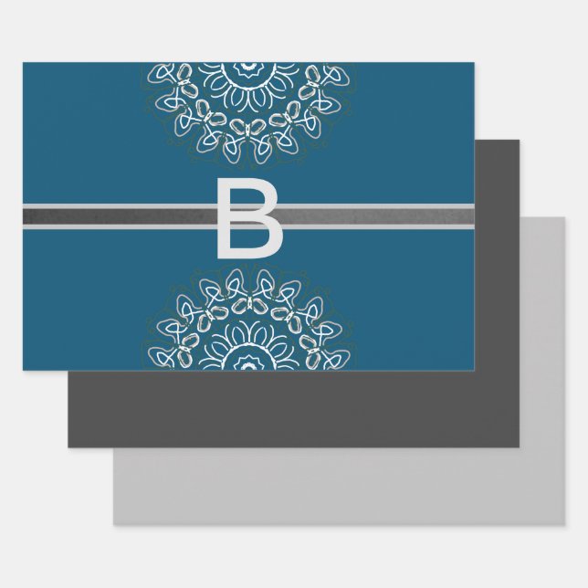 Hoja De Papel De Regalo Toned de moda azul grisáceo con monograma entrelaz (Set)