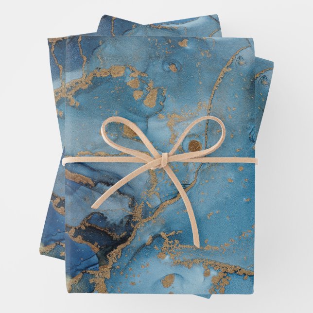 Hoja De Papel De Regalo Tonos azules, dorados abstractos Mármol acuático (In situ)