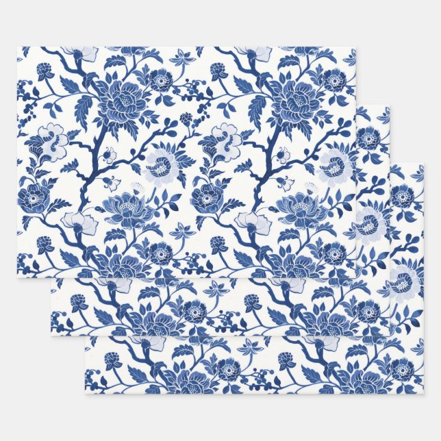Hoja De Papel De Regalo Tonos de Chinoiserie azul (Set)