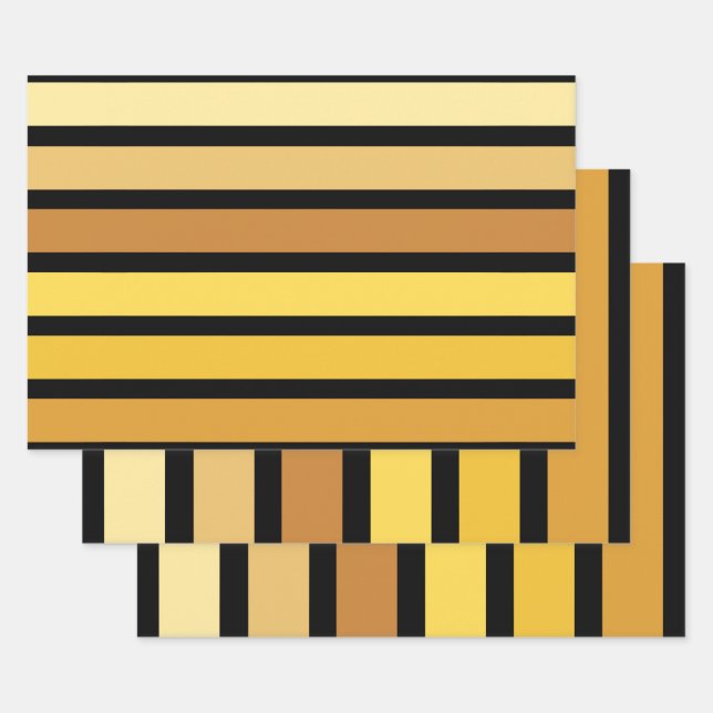 Hoja De Papel De Regalo Tonos De Rayas Amarillas Doradas Sobre Negro (Set)