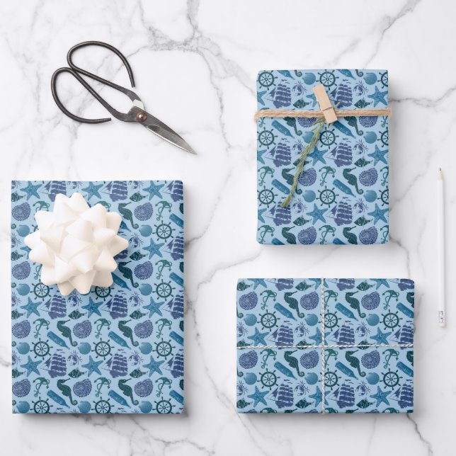 Hoja De Papel De Regalo Tonos Náuticos De Patrón Azul (Anverso)