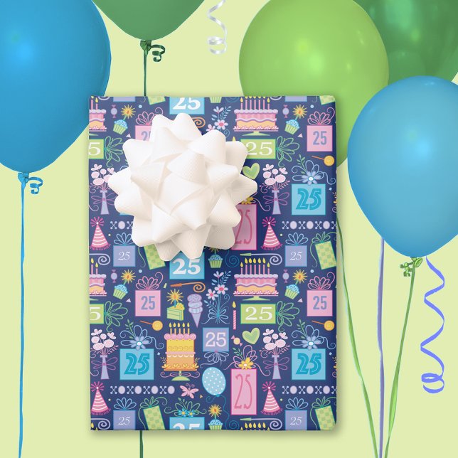 Hoja De Papel De Regalo Torta de cumpleaños 25 presenta globos azul (Subido por el creador)