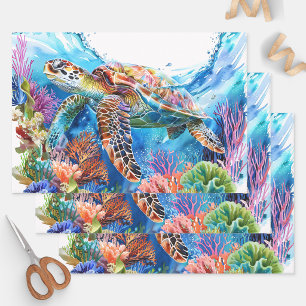 Hoja De Papel De Regalo Tortuga Marina Decoupage de Acuarela Vibrante