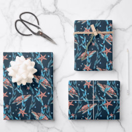 Hoja De Papel De Regalo Tortugas submarinas del océano nadando algas marin