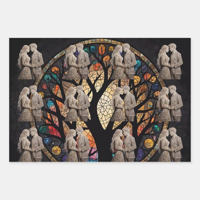 Hoja De Papel De Regalo Tote boda Pareja y Árbol de Vida Vino (Anverso 2)