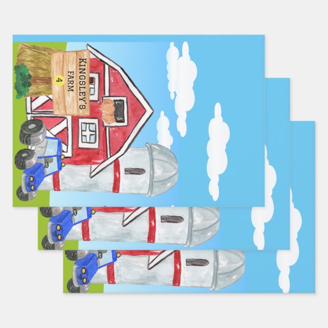 Hoja De Papel De Regalo Tractor azul de granja MacDonald's personalizado (Set)