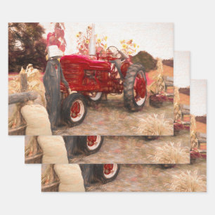 Hoja De Papel De Regalo Tractor de granja Red Vintage Rústica Cosecha de 