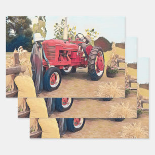 Hoja De Papel De Regalo Tractor de granja Retro Rojo Vintage Rústica Fall