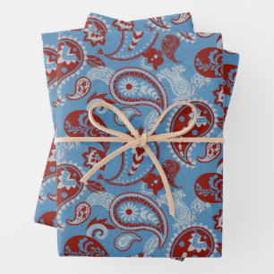 Hoja De Papel De Regalo Tradicional Paisley Linocut Rojo Azul Blanco