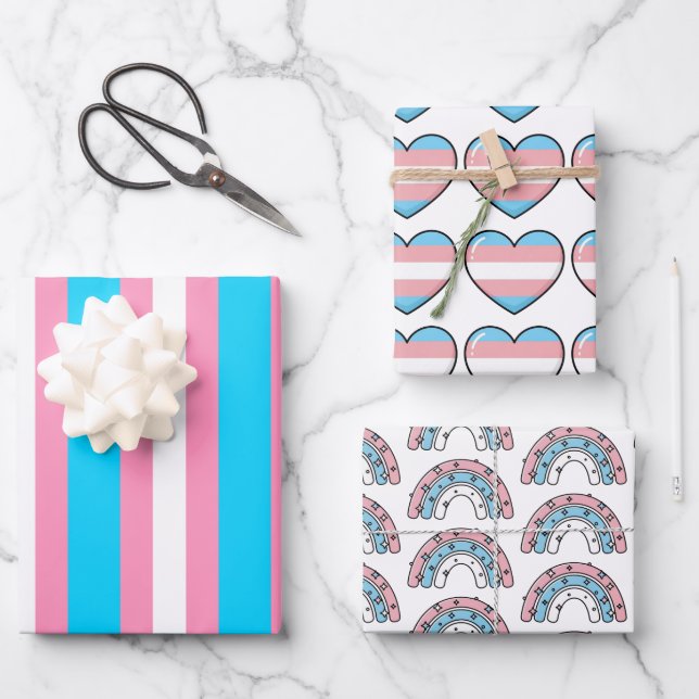 Hoja De Papel De Regalo  Transgender Hearts, Rainbows and Flag Birthday (Anverso)