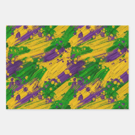 Hoja De Papel De Regalo Trazos de pincel MARDI GRAS AMARILLO VERDE MORADO