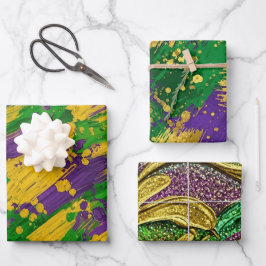 Hoja De Papel De Regalo Trazos de pincel MARDI GRAS AMARILLO VERDE MORADO
