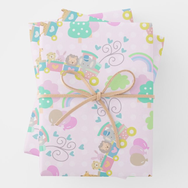 Hoja De Papel De Regalo Tren animales rosados (In situ)