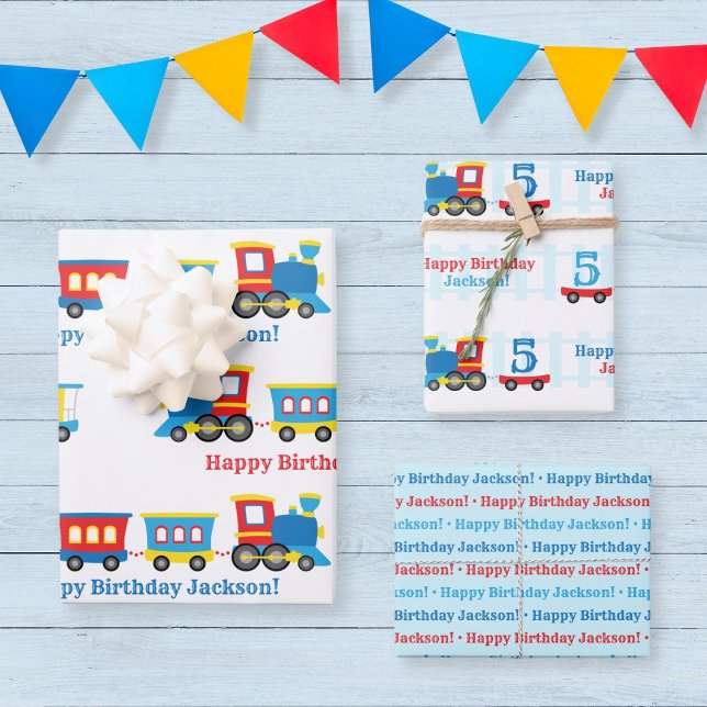 Hoja De Papel De Regalo Tren de Cumpleaños (Customizable train wrapping paper with a cute train in primary colors)
