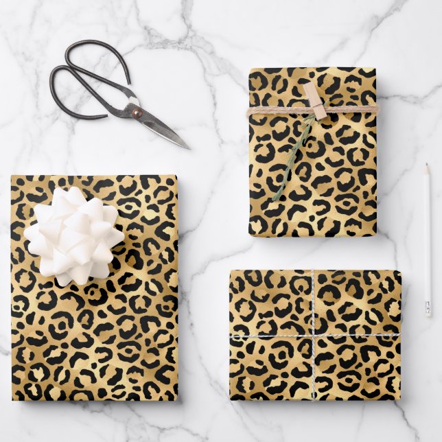 Hoja De Papel De Regalo Tren de impresión de leopardo de oro negro Cheetah (Anverso)