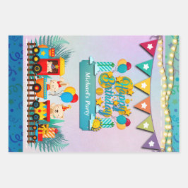 Hoja De Papel De Regalo Tren Feliz Cumpleaños Con Deseos De Animales Cutos