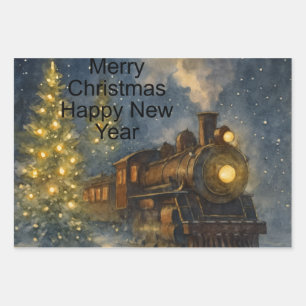Hoja De Papel De Regalo Tren Vintage de Navidad Noche Nevada Acuarela