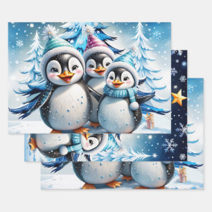 Hoja De Papel De Regalo Tres adorables pingüinos