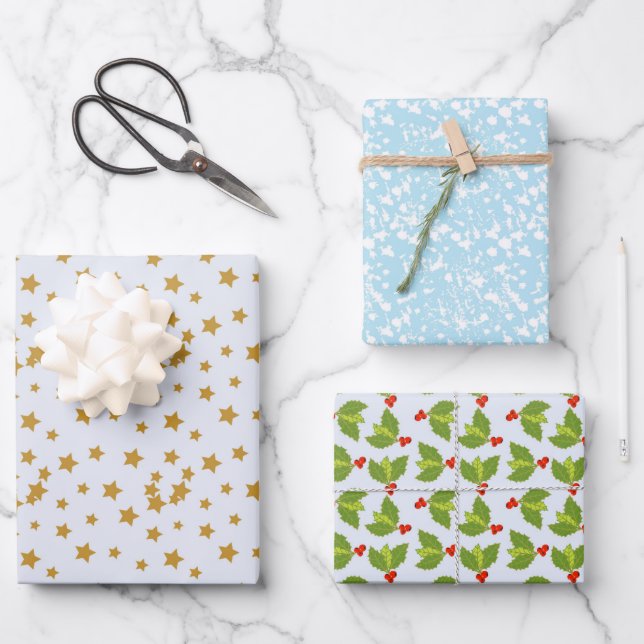 Hoja De Papel De Regalo Tres patrones de superficie estrellas bayas nevada (Anverso)