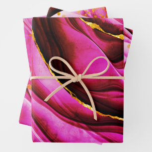 Hoja De Papel De Regalo Tres Purpurinas de oro de mármol rosa caliente de