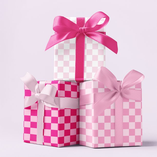 Hoja De Papel De Regalo Tres tableros de cheques rosados (Three Pink Checkerboard Wrapping Paper Sheets)