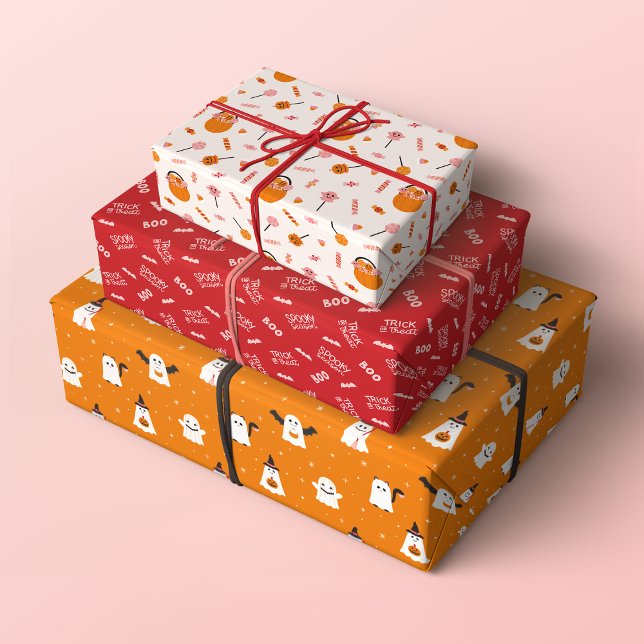 Hoja De Papel De Regalo Trinchera o truco espeluznantes o patrones de Hall (Set of 3 Trick or Treat Halloween Patterns in Orange, Red and Pastel Pink)