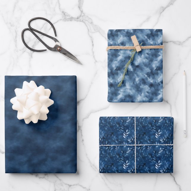 Hoja De Papel De Regalo Trío de Acuarela Azul (Anverso)