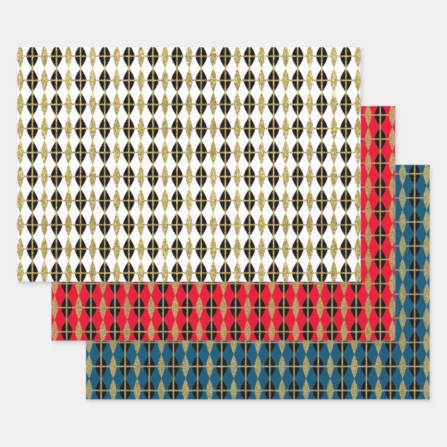 Hoja De Papel De Regalo Trio de diamantes y grilla de oro (Set)