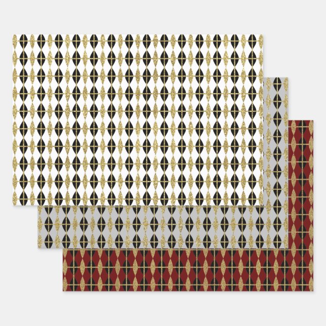 Hoja De Papel De Regalo Trio de diamantes y grilla de oro II (Set)