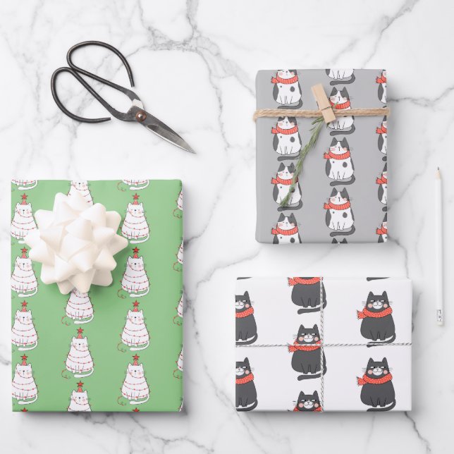 Hoja De Papel De Regalo Trio de gato navideño (Anverso)