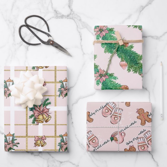 Hoja De Papel De Regalo Trío de Navidades rosados bonitos (Anverso)