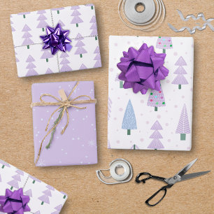 Hoja De Papel De Regalo Trío del patrón de lavanda de los árboles navideño