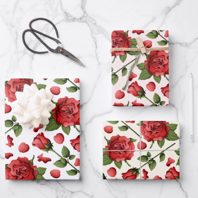 Hoja De Papel De Regalo Trio of Romantic Red Roses Foliage on Multi Tones (Anverso)