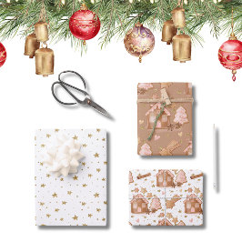 Hoja De Papel De Regalo Trio Pink Brown Gingerbread Casas Stars Cinnamon