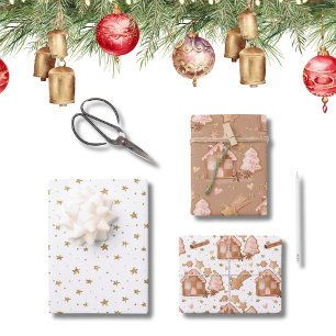 Hoja De Papel De Regalo Trio Pink Brown Gingerbread Casas Stars Cinnamon