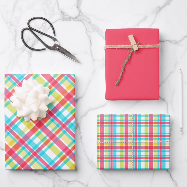 Hoja De Papel De Regalo Tropical - Coral, Blue, Chartreuse, Yellow Plaid (Anverso)