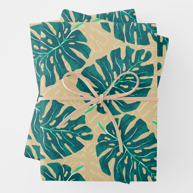 Hoja De Papel De Regalo Tropical Palm Teal Beige (In situ)