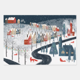 Hoja De Papel De Regalo Trotting Rústico Nordic Snowy Mountain Village Fox