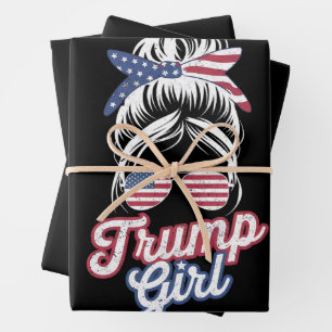 Hoja De Papel De Regalo Trump Chica Messy Bun Vintage bandera estadouniden
