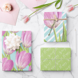 Hoja De Papel De Regalo Tulipanes rosados Feliz primavera Elegante arte fl
