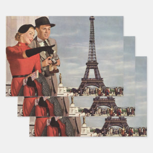 Hoja De Papel De Regalo Turistas Vintage en la Torre Eiffel, Vacaciones en