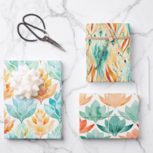 Hoja De Papel De Regalo Turquesa Mandarina Floral Abstracto Joya