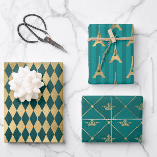 Hoja De Papel De Regalo Turquesa - Tema París en Azul Verdoso y Dorado